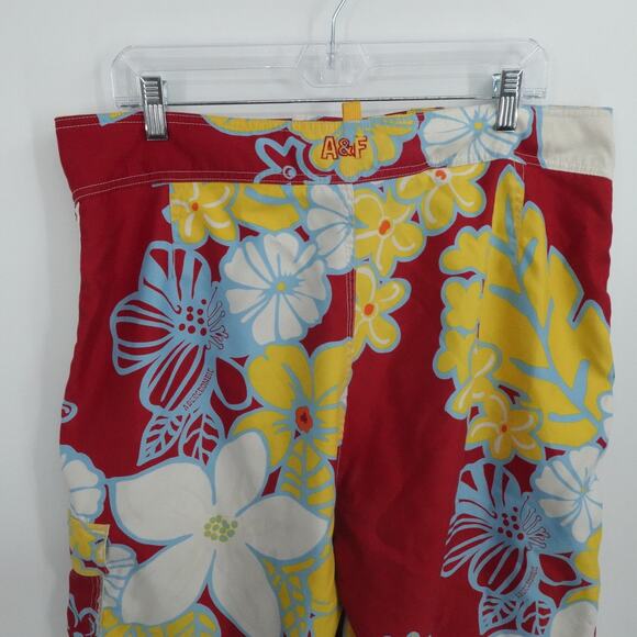 VTG Abercrombie Fitch Shorts Mens 36 Red Floral Hawaiian Swim Trunks Boardshorts - Picture 11 of 13